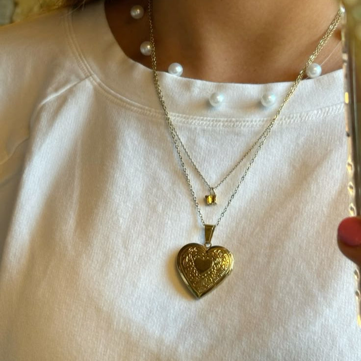 gold stainless steel heart locket necklace, trendy tarnish-free jewelry